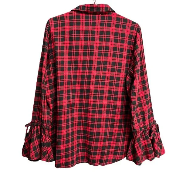 Beach Lunch Lounge SIZE L Red Black Plaid Ruffle Sleeve Button Shirt Top - Picture 7 of 8